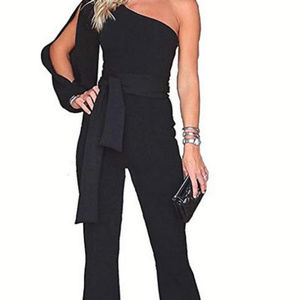 Edgy Couture Pants - Black Off Shoulder Business Suit Jumpsuit Romper Edgy Couture Pants - Black Off Shoulder Business Suit Jumpsuit Romper